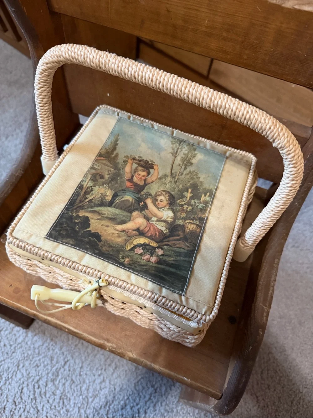 Woven Straw Sewing Basket with Cream Scenic Fabric Top